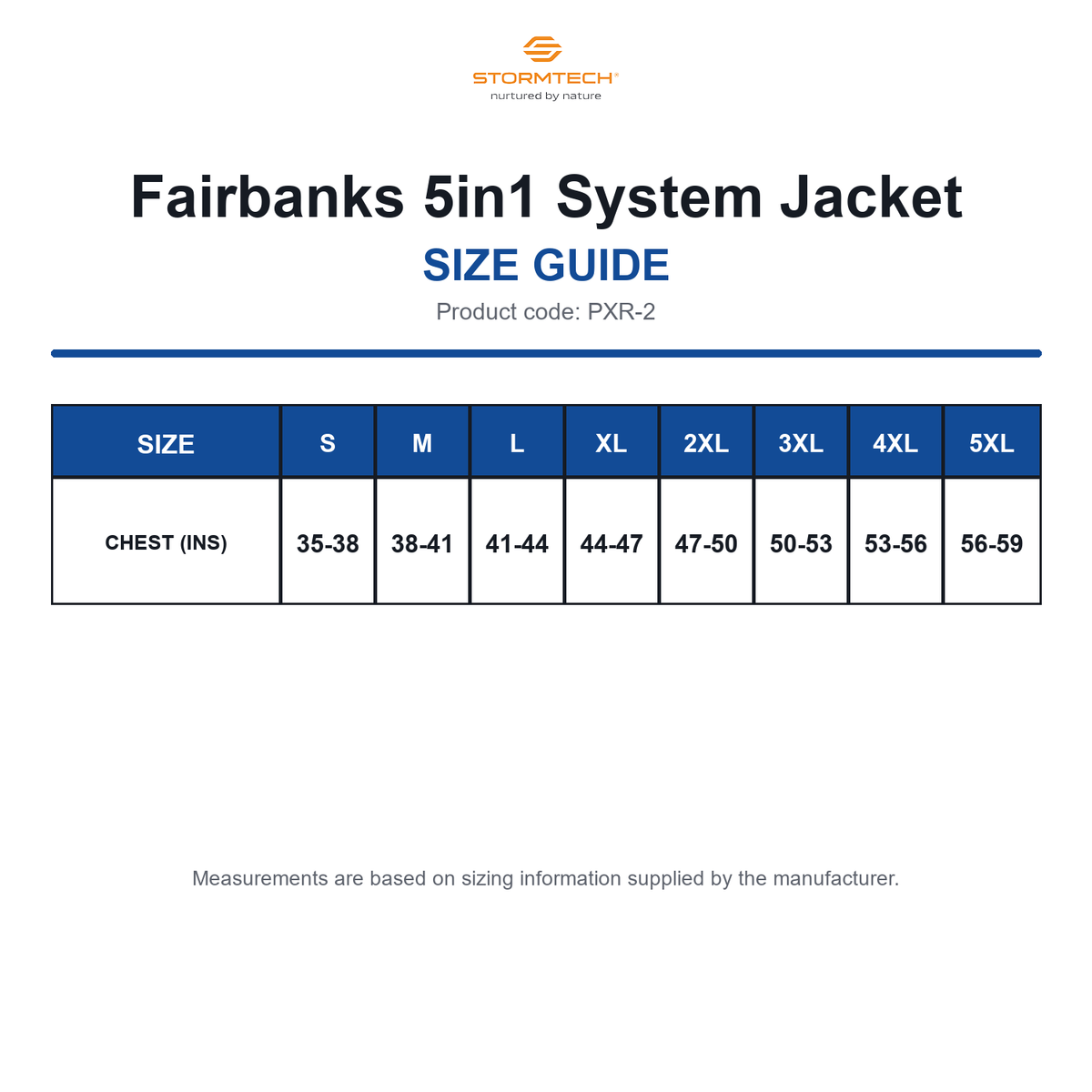 PXR-2 Stormtech Fairbanks 5in1 System Jacket size guide (PXR-2)
