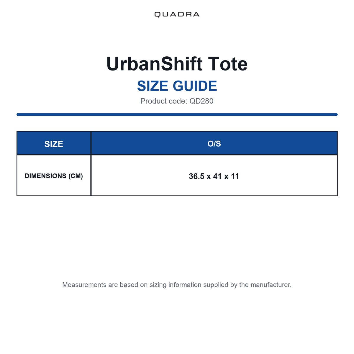 QD280 Quadra UrbanShift Tote size guide (QD280)