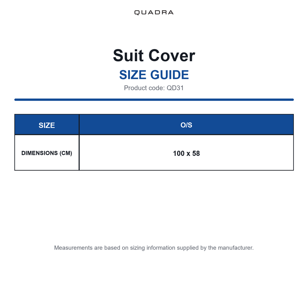 QD31 Quadra Suit Cover size guide (QD31)