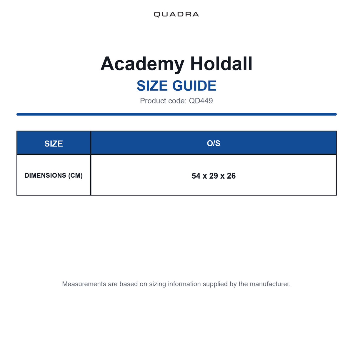 QD449 Quadra Academy Holdall size guide (QD449)