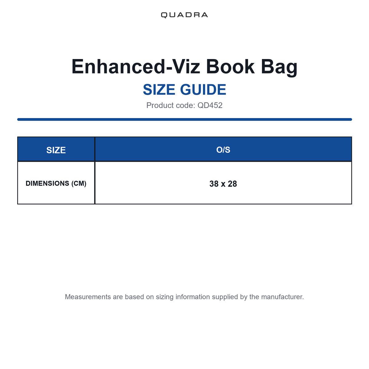 QD452 Quadra Enhanced-Viz Book Bag size guide (QD452)