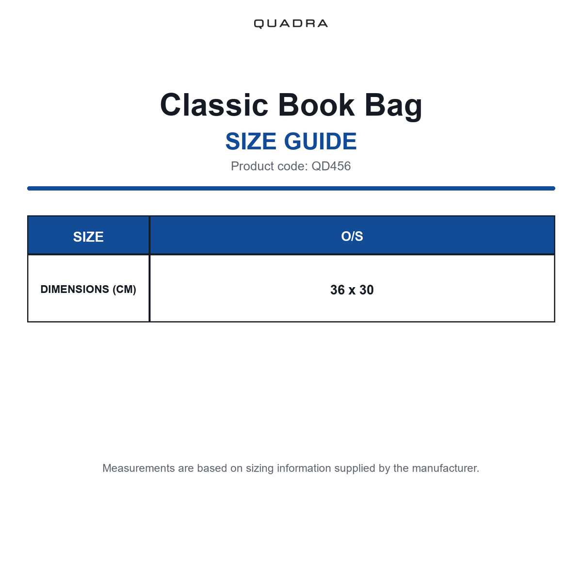 QD456 Quadra Classic Book Bag size guide (QD456)