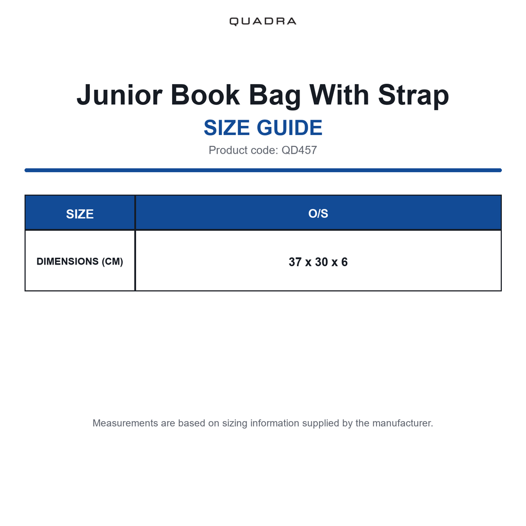 QD457 Quadra Junior Book Bag With Strap size guide (QD457)