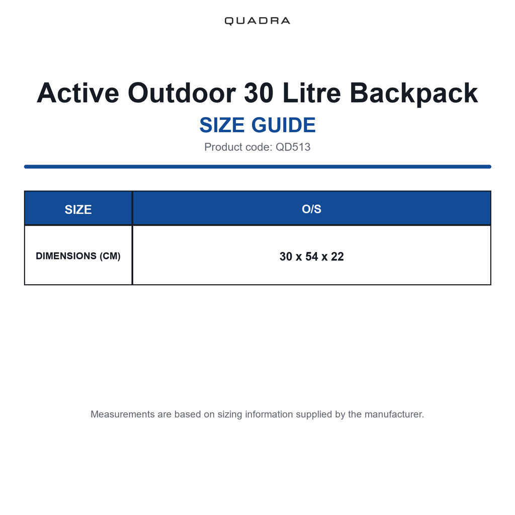 QD513 Quadra Active Outdoor 30 Litre Backpack size guide (QD513)