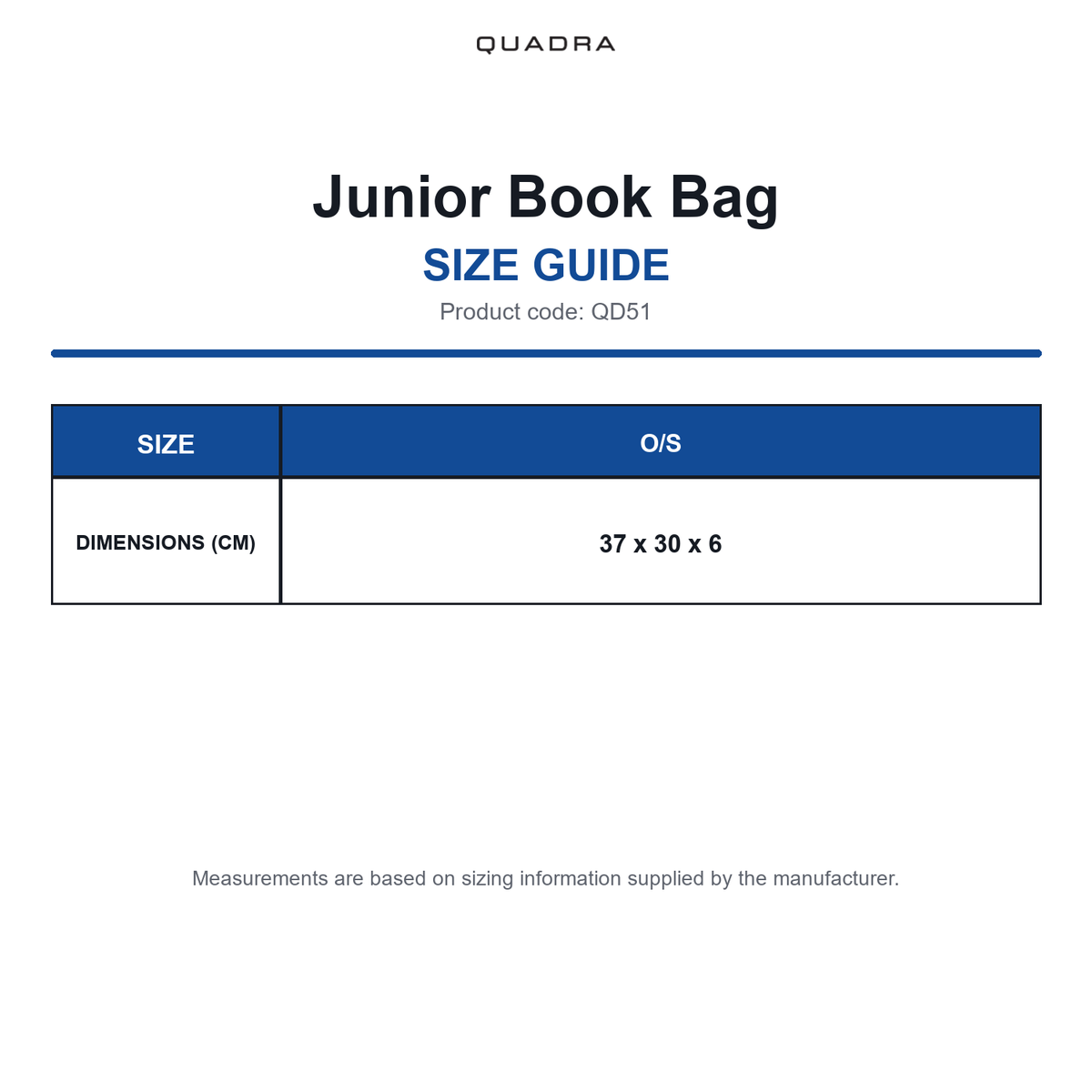 QD51 Quadra Junior Book Bag size guide (QD51)