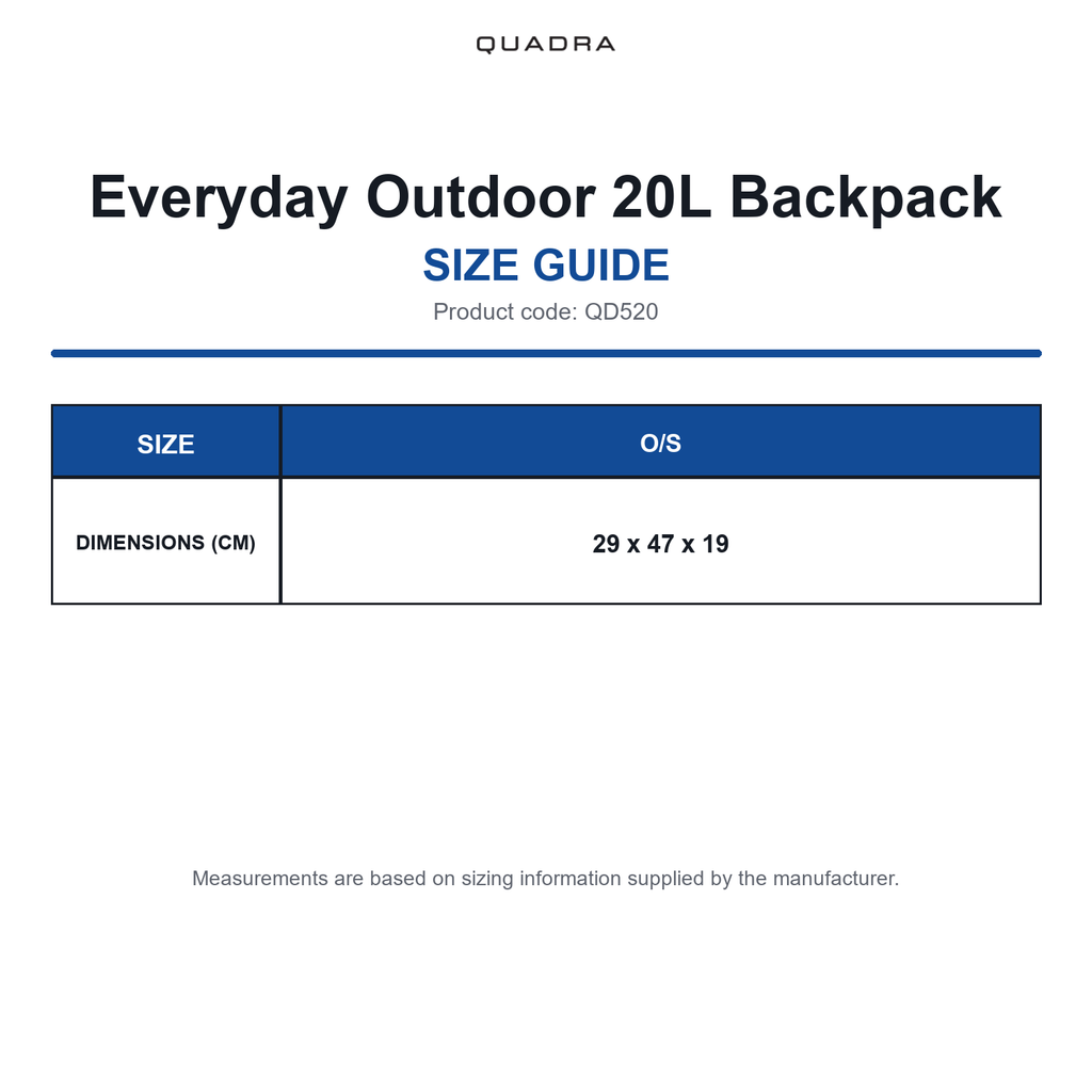 QD520 Quadra Everyday Outdoor 20L Backpack size guide (QD520)