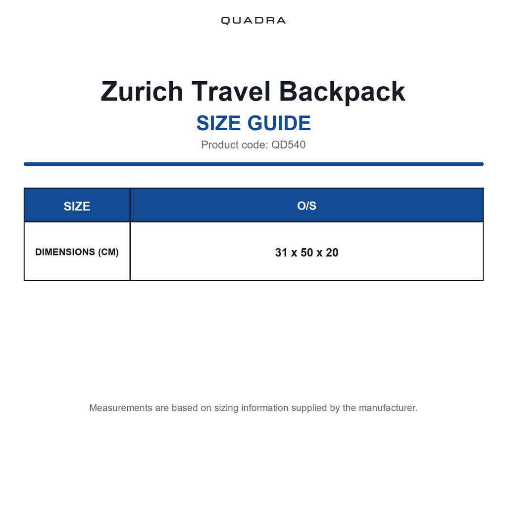 QD540 Quadra Zurich Travel Backpack size guide (QD540)