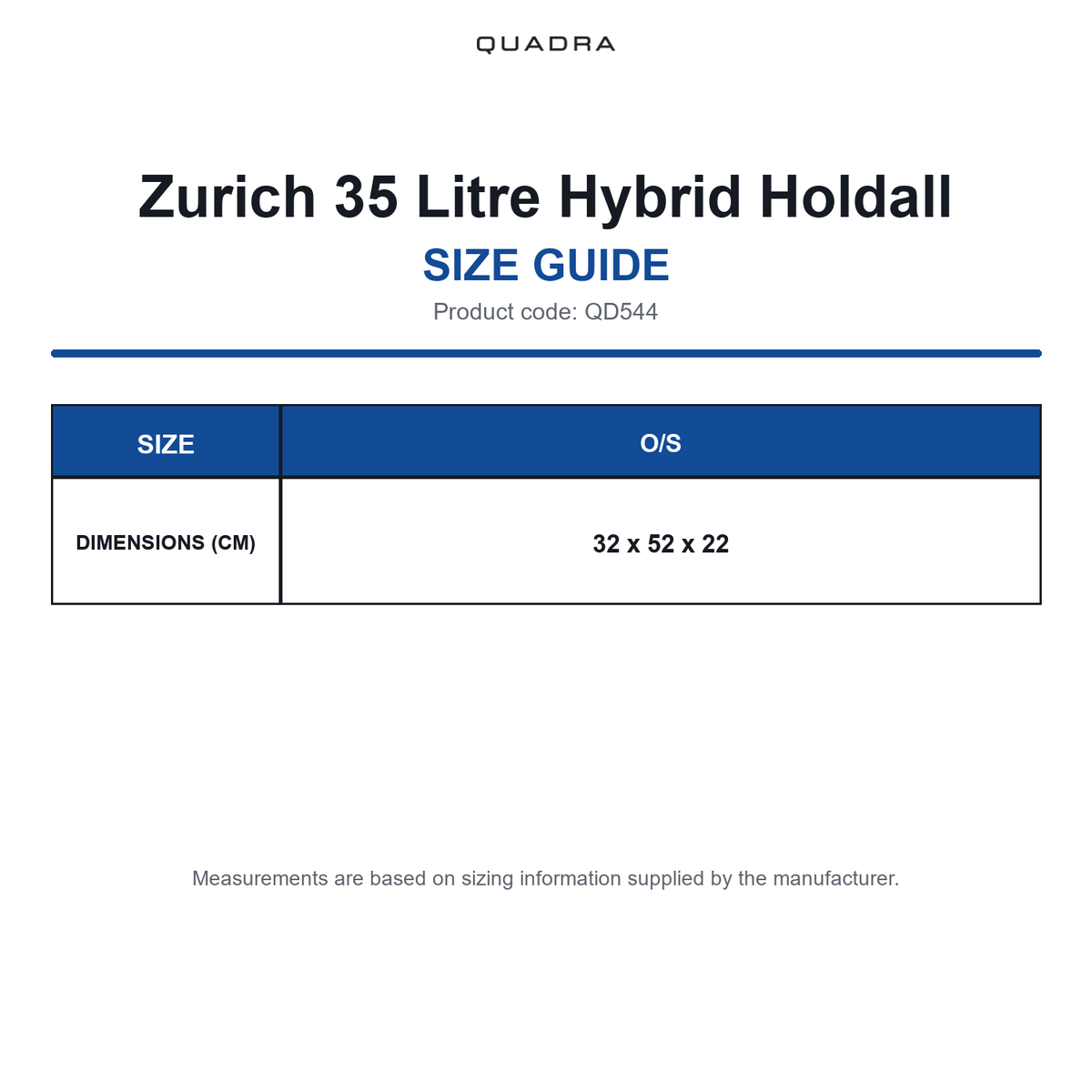 QD544 Quadra Zurich 35 Litre Hybrid Holdall size guide (QD544)