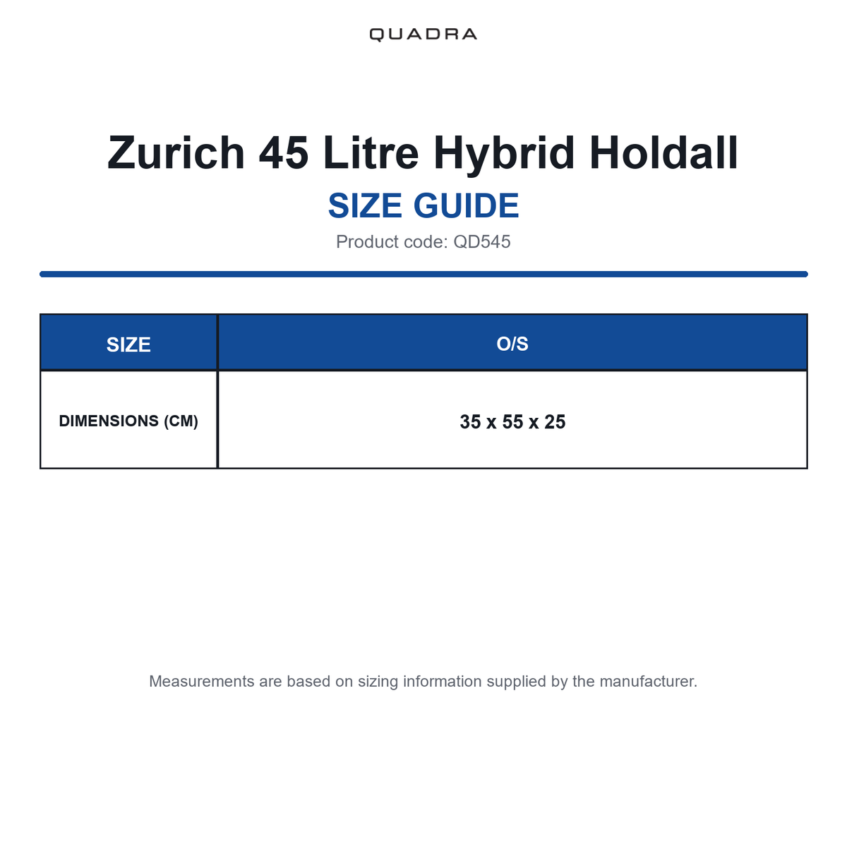 QD545 Quadra Zurich 45 Litre Hybrid Holdall size guide (QD545)