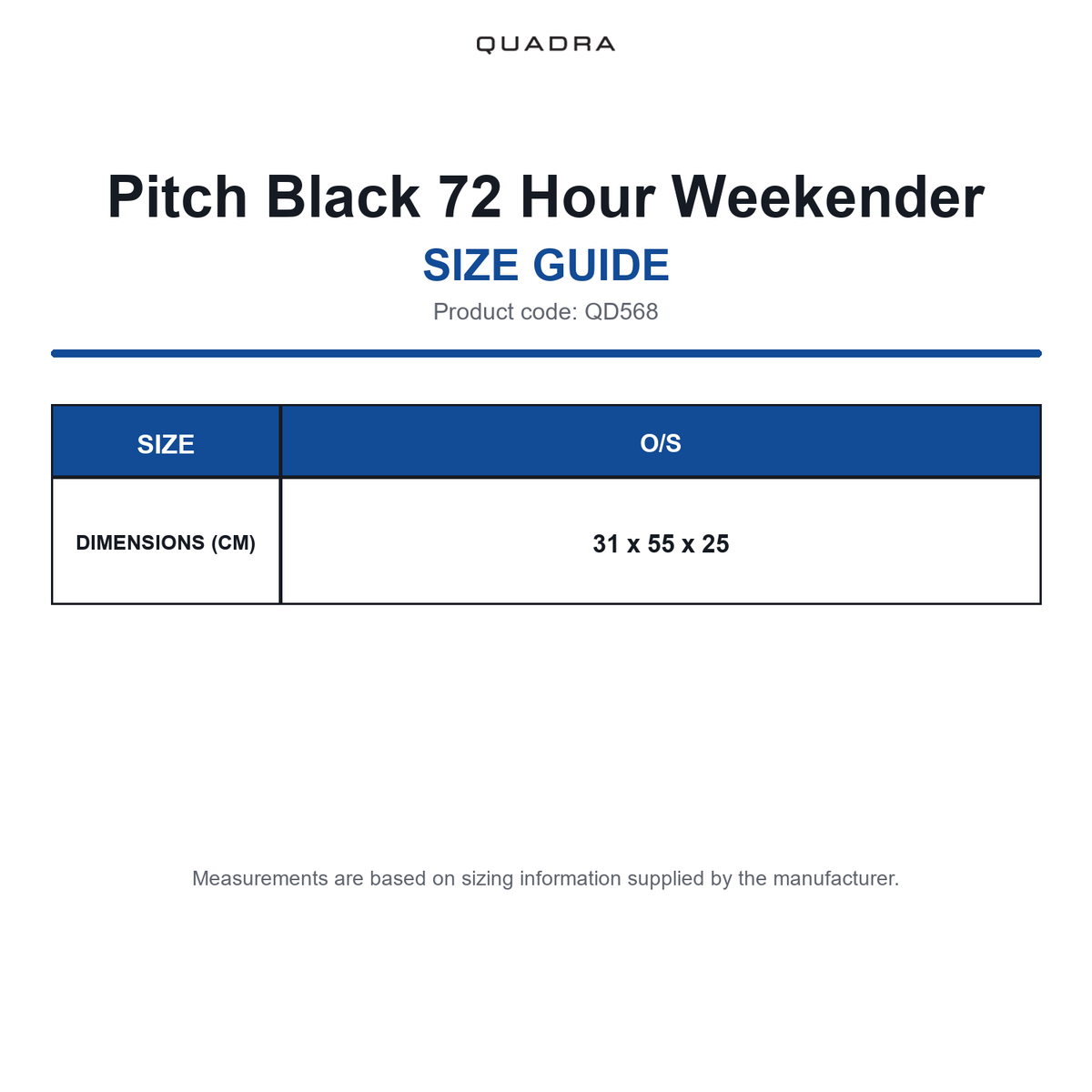 QD568 Quadra Pitch Black 72 Hour Weekender size guide (QD568)