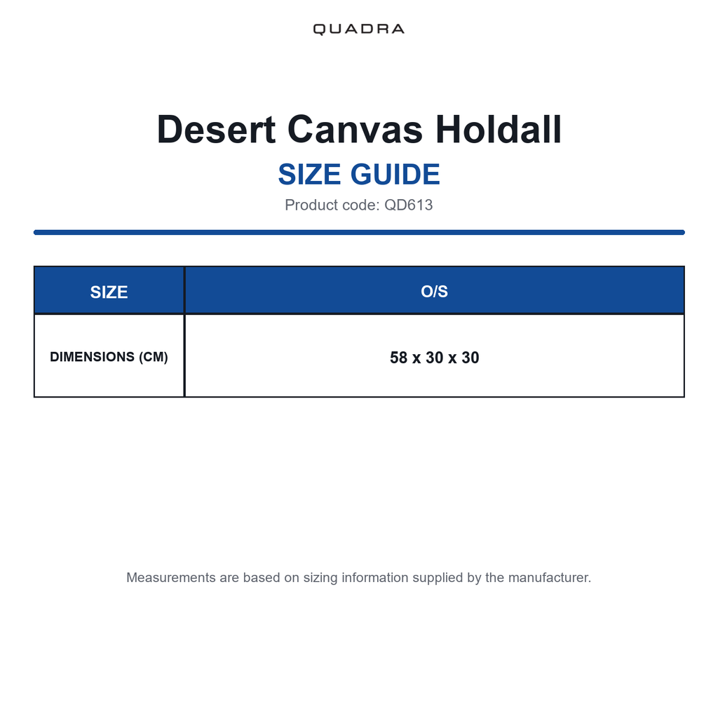 QD613 Quadra Desert Canvas Holdall size guide (QD613)