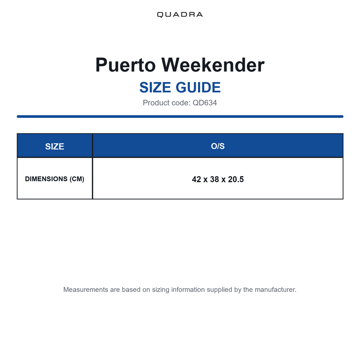 QD634 Quadra Puerto Weekender size guide (QD634)