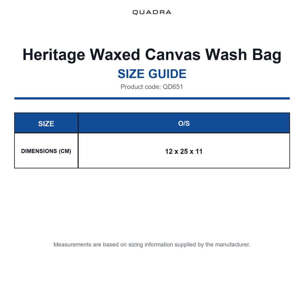QD651 Quadra Heritage Waxed Canvas Wash Bag size guide (QD651)