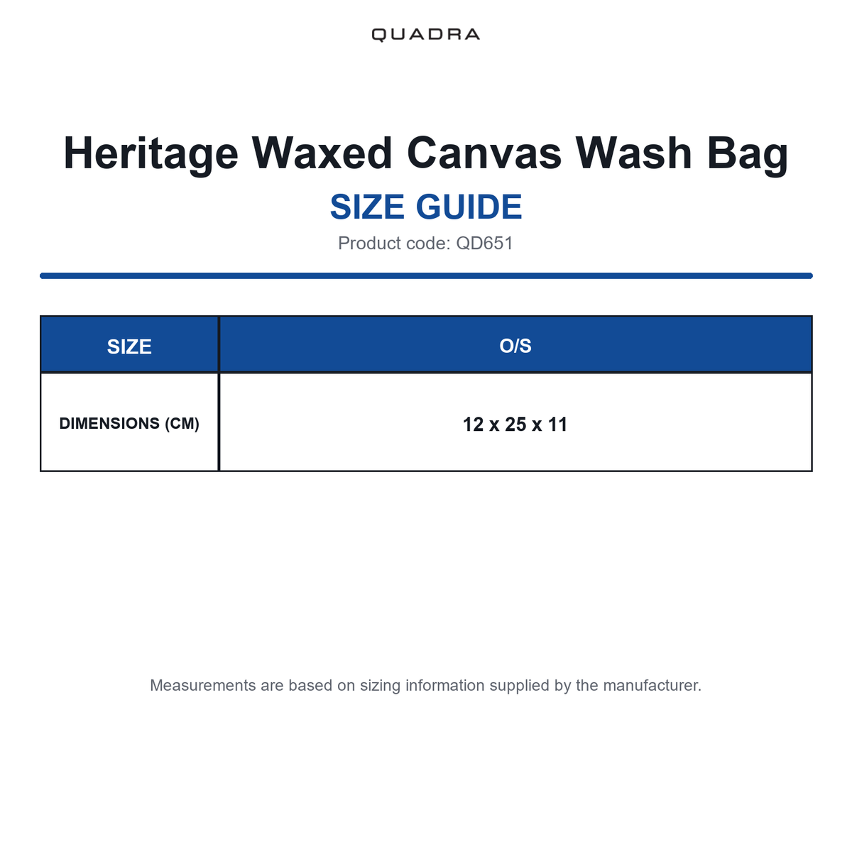 QD651 Quadra Heritage Waxed Canvas Wash Bag size guide (QD651)