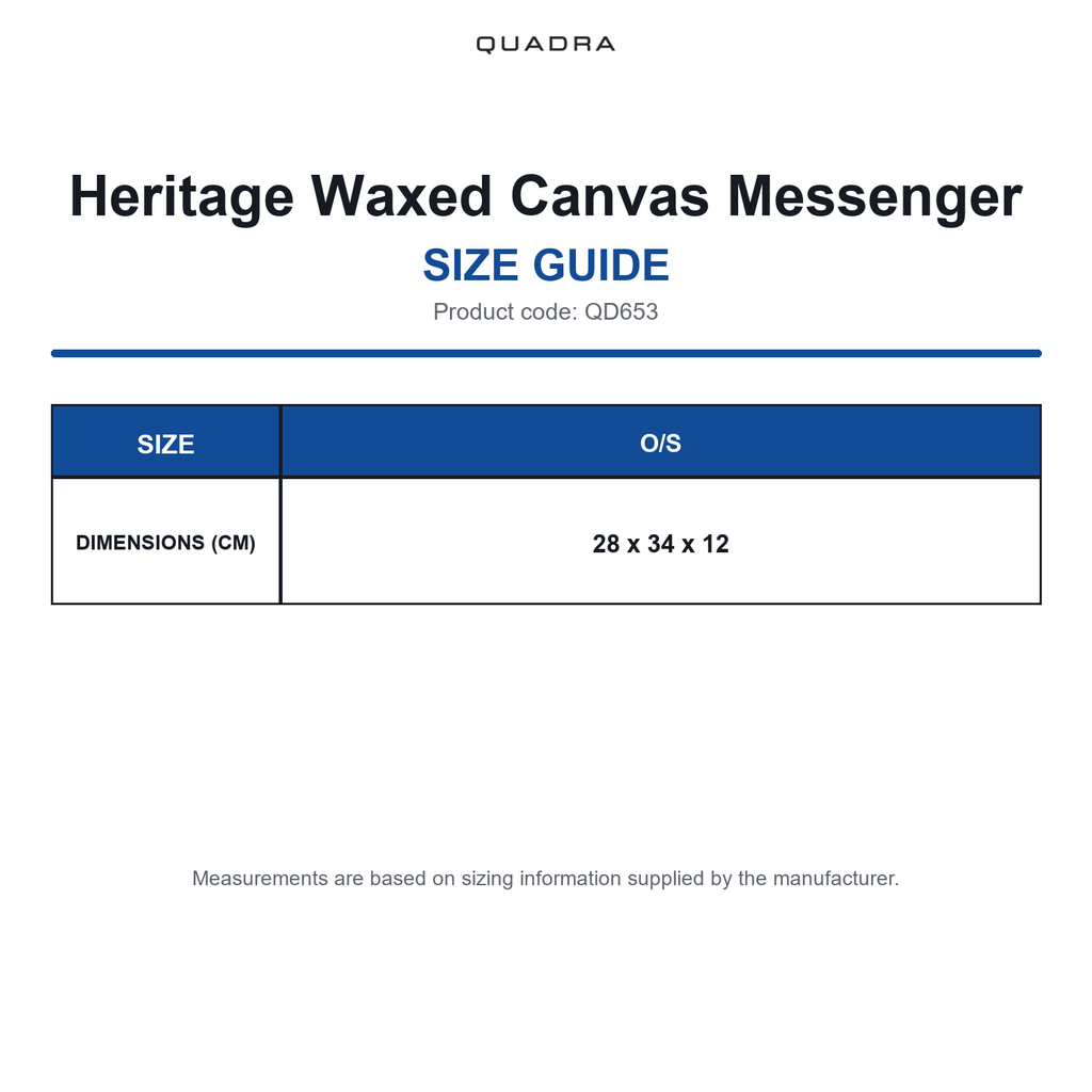 QD653 Quadra Heritage Waxed Canvas Messenger size guide (QD653)