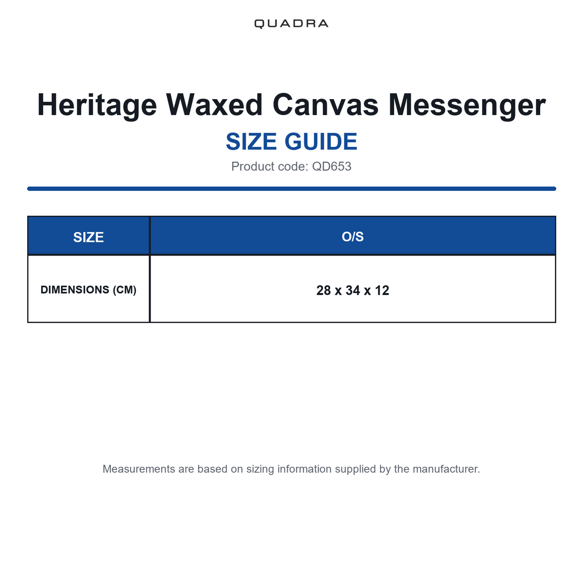 QD653 Quadra Heritage Waxed Canvas Messenger size guide (QD653)