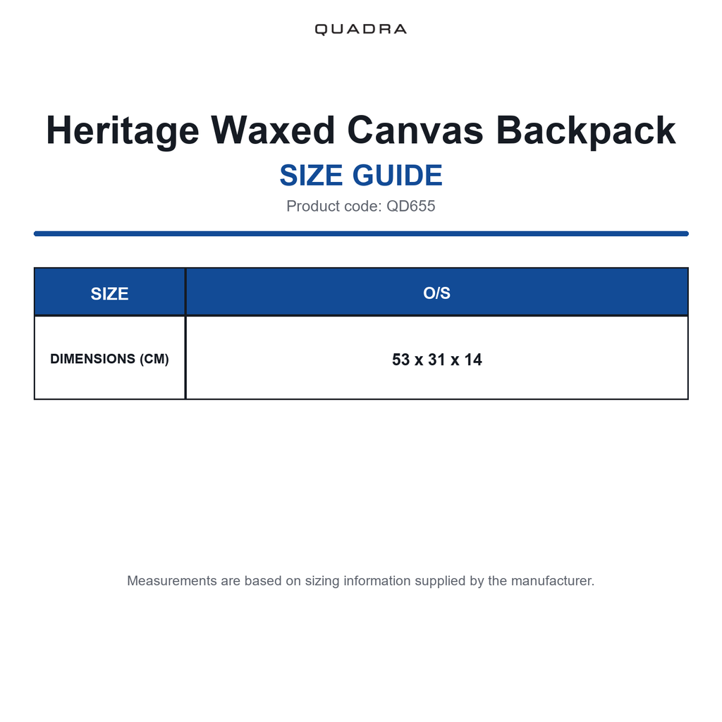 QD655 Quadra Heritage Waxed Canvas Backpack size guide (QD655)