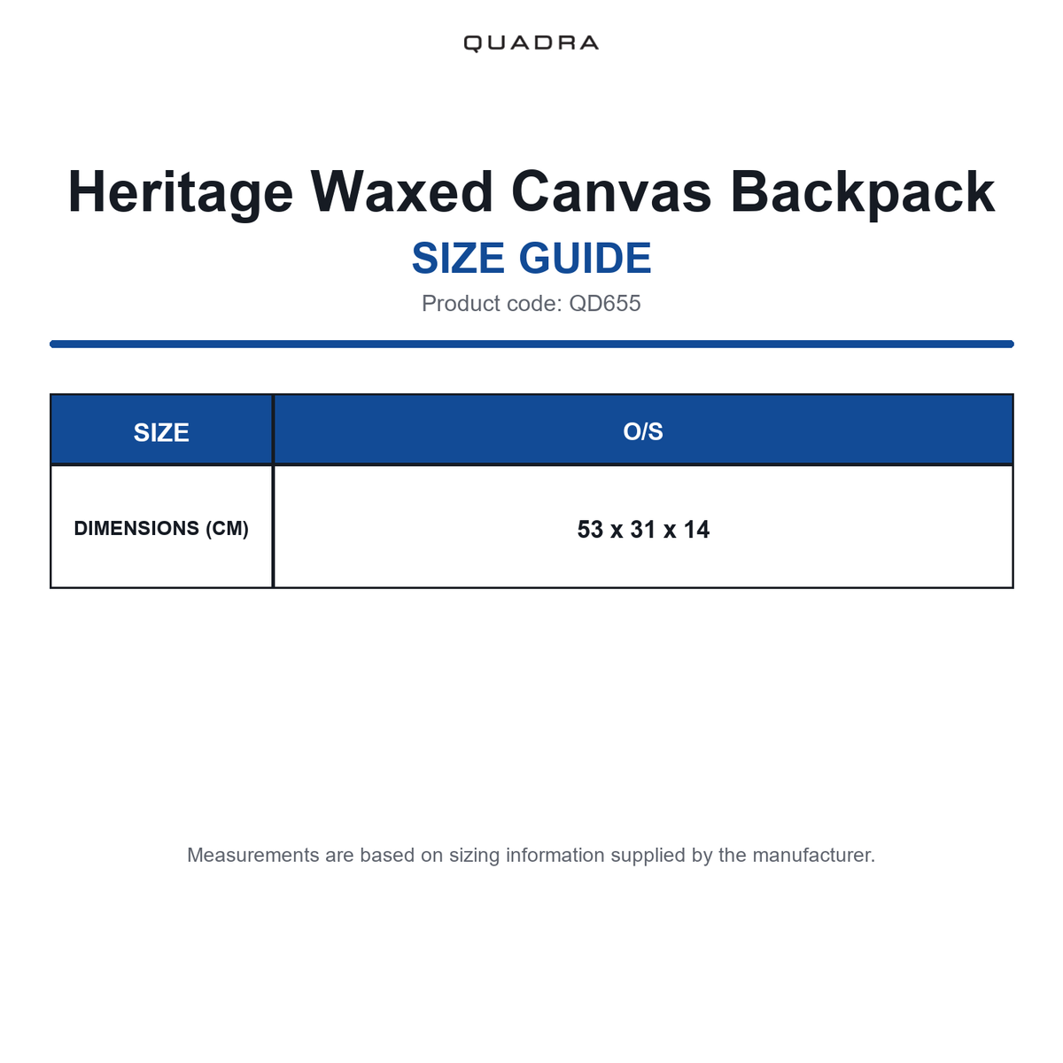 QD655 Quadra Heritage Waxed Canvas Backpack size guide (QD655)