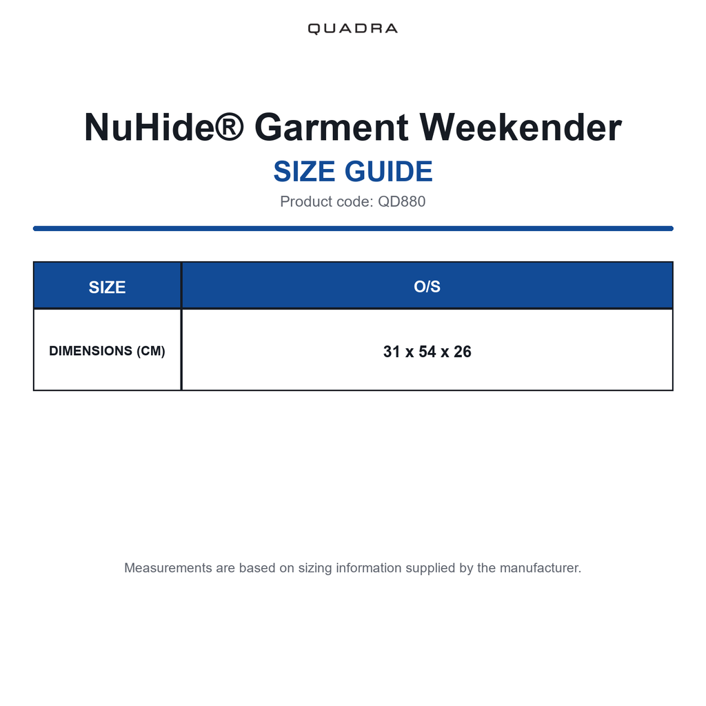 QD880 Quadra NuHide® Garment Weekender size guide (QD880)