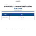 QD880 Quadra NuHide® Garment Weekender size guide (QD880)