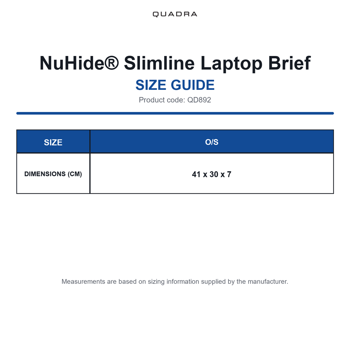 QD892 Quadra NuHide® Slimline Laptop Brief size guide (QD892)