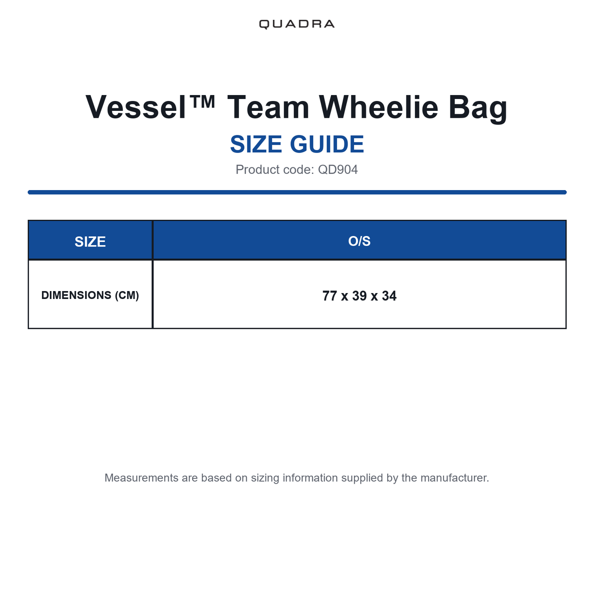 QD904 Quadra Vessel™ Team Wheelie Bag size guide (QD904)
