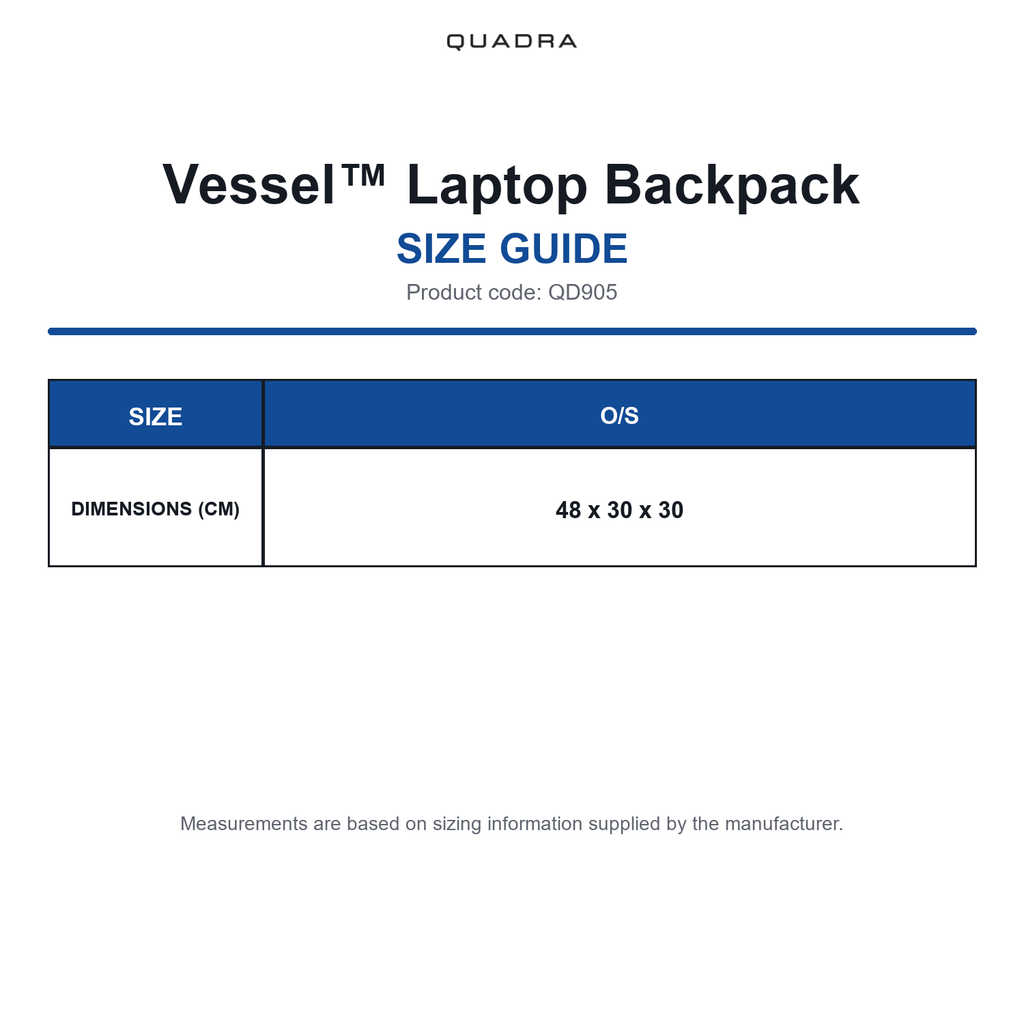 QD905 Quadra Vessel™ Laptop Backpack size guide (QD905)