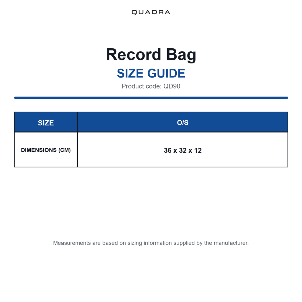 QD90 Quadra Record Bag size guide (QD90)