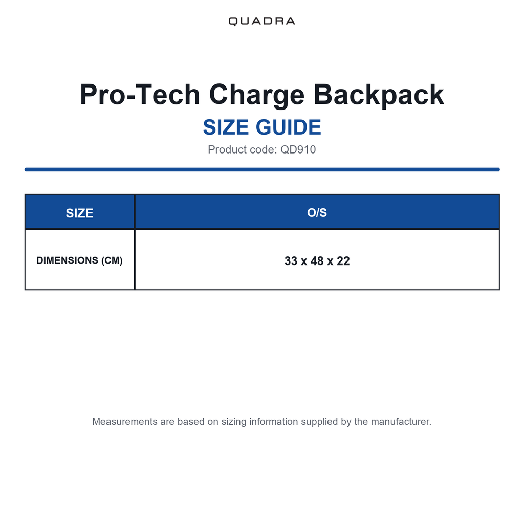 QD910 Quadra Pro-Tech Charge Backpack size guide (QD910)