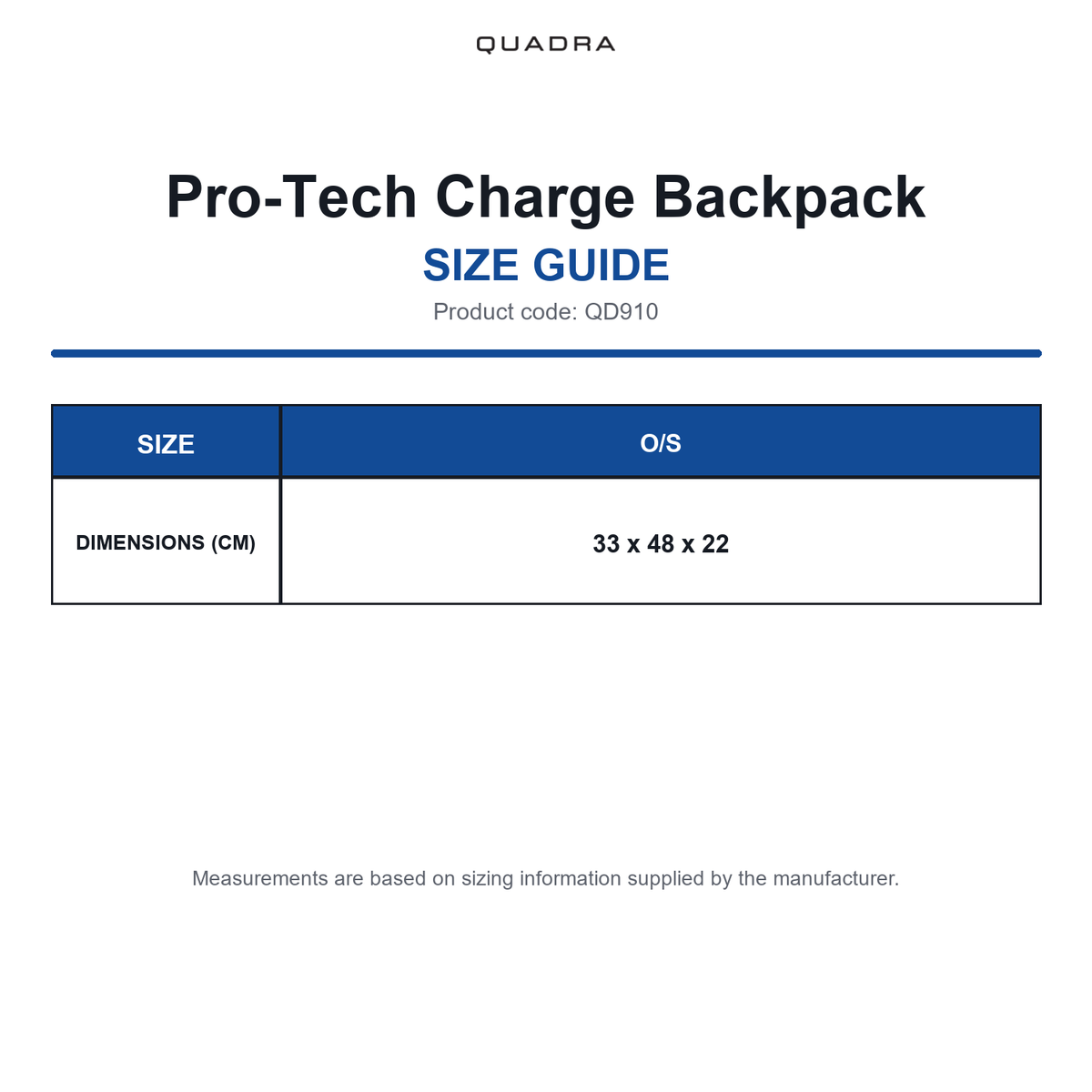 QD910 Quadra Pro-Tech Charge Backpack size guide (QD910)