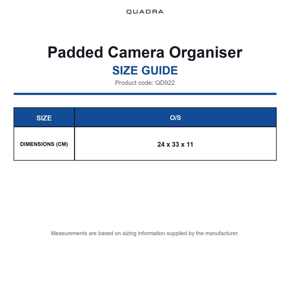 QD922 Quadra Padded Camera Organiser size guide (QD922)