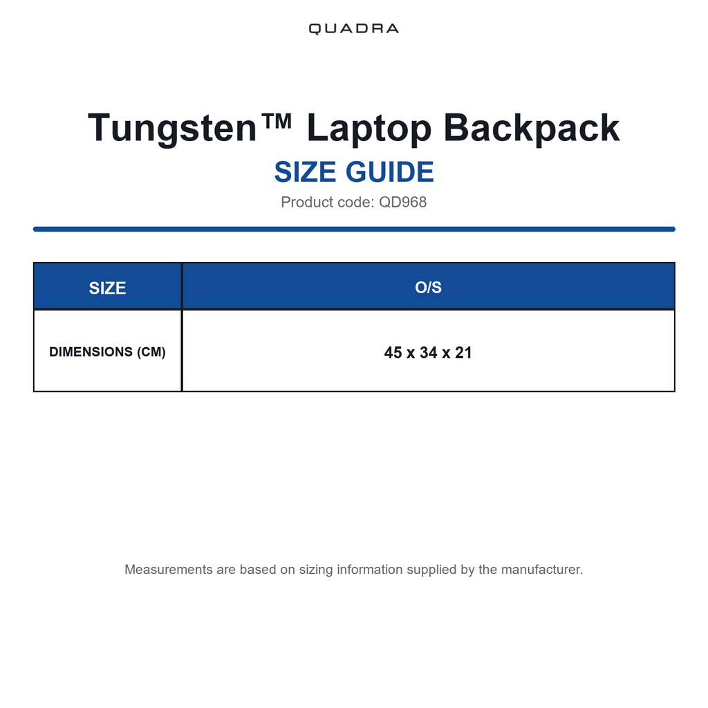 QD968 Quadra Tungsten™ Laptop Backpack size guide (QD968)
