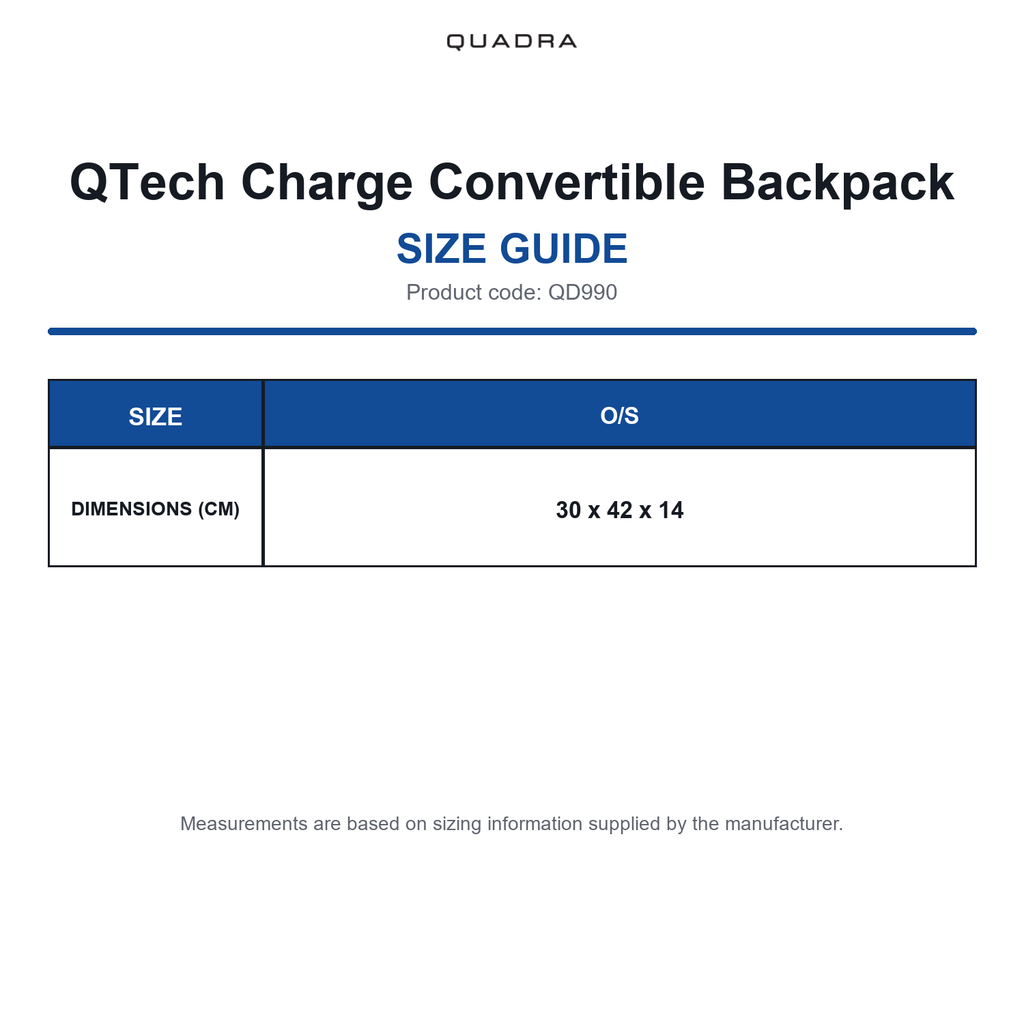QD990 Quadra QTech Charge Convertible Backpack size guide (QD990)