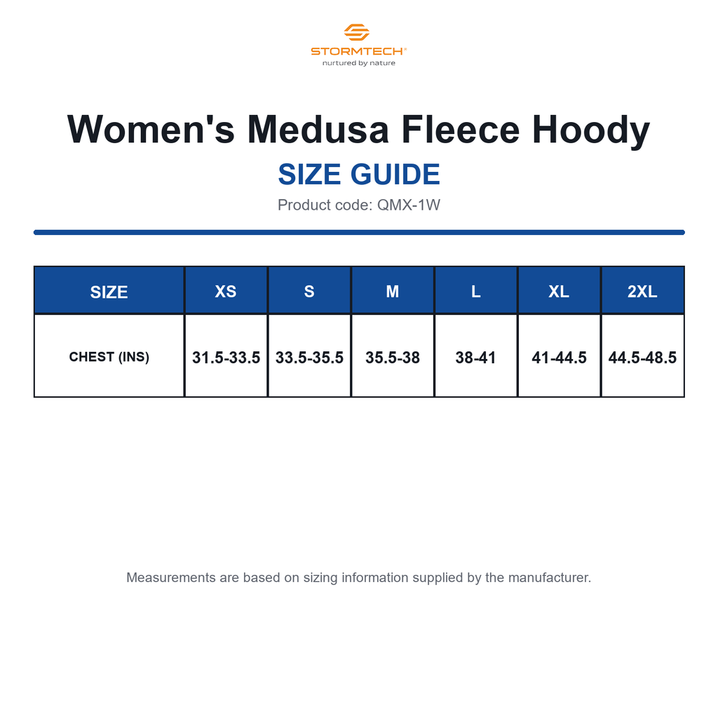 QMX-1W Stormtech Women's Medusa Fleece Hoody size guide (QMX-1W)