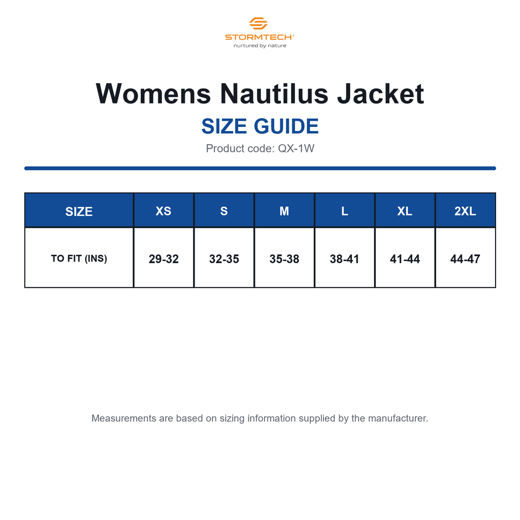 QX-1W Stormtech Womens Nautilus Jacket size guide (QX-1W)