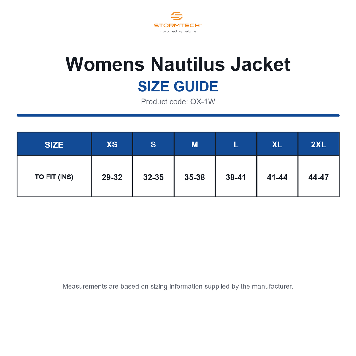 QX-1W Stormtech Womens Nautilus Jacket size guide (QX-1W)