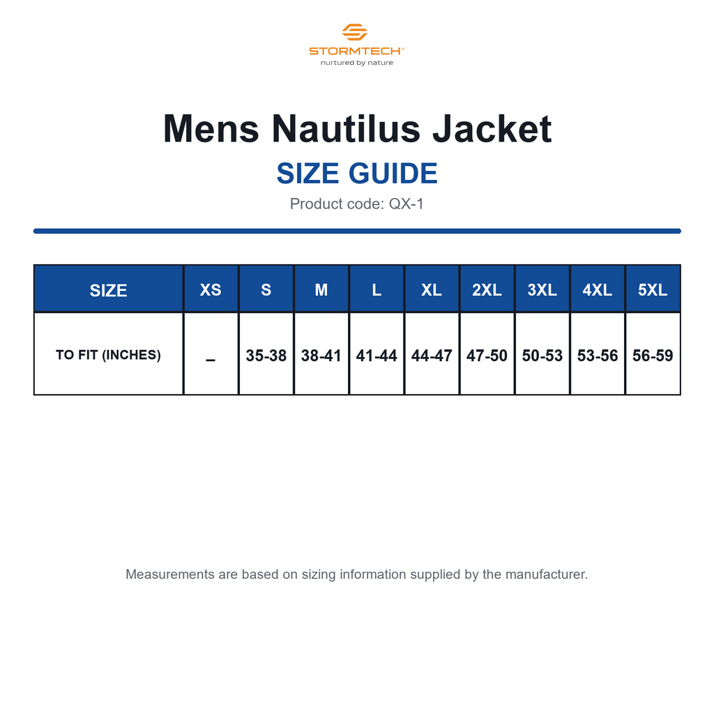 QX-1 Stormtech Mens Nautilus Jacket size guide (QX-1)