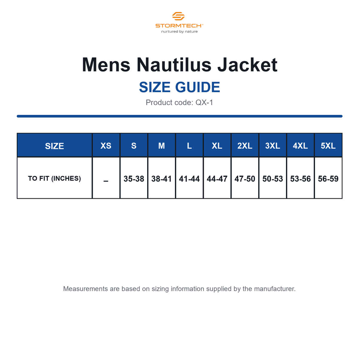 QX-1 Stormtech Mens Nautilus Jacket size guide (QX-1)