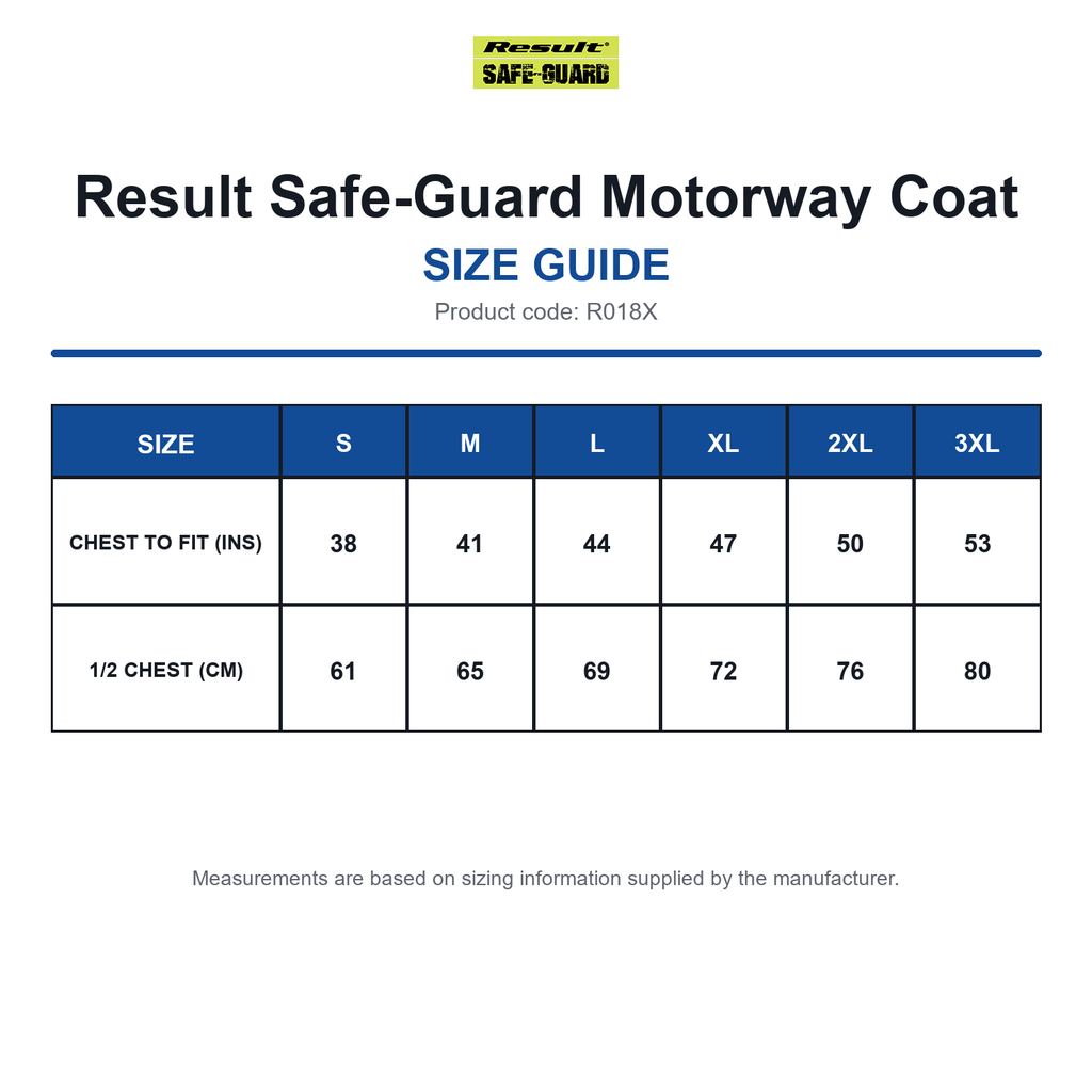 R018X Result Safe-Guard Motorway Coat size guide (R018X)