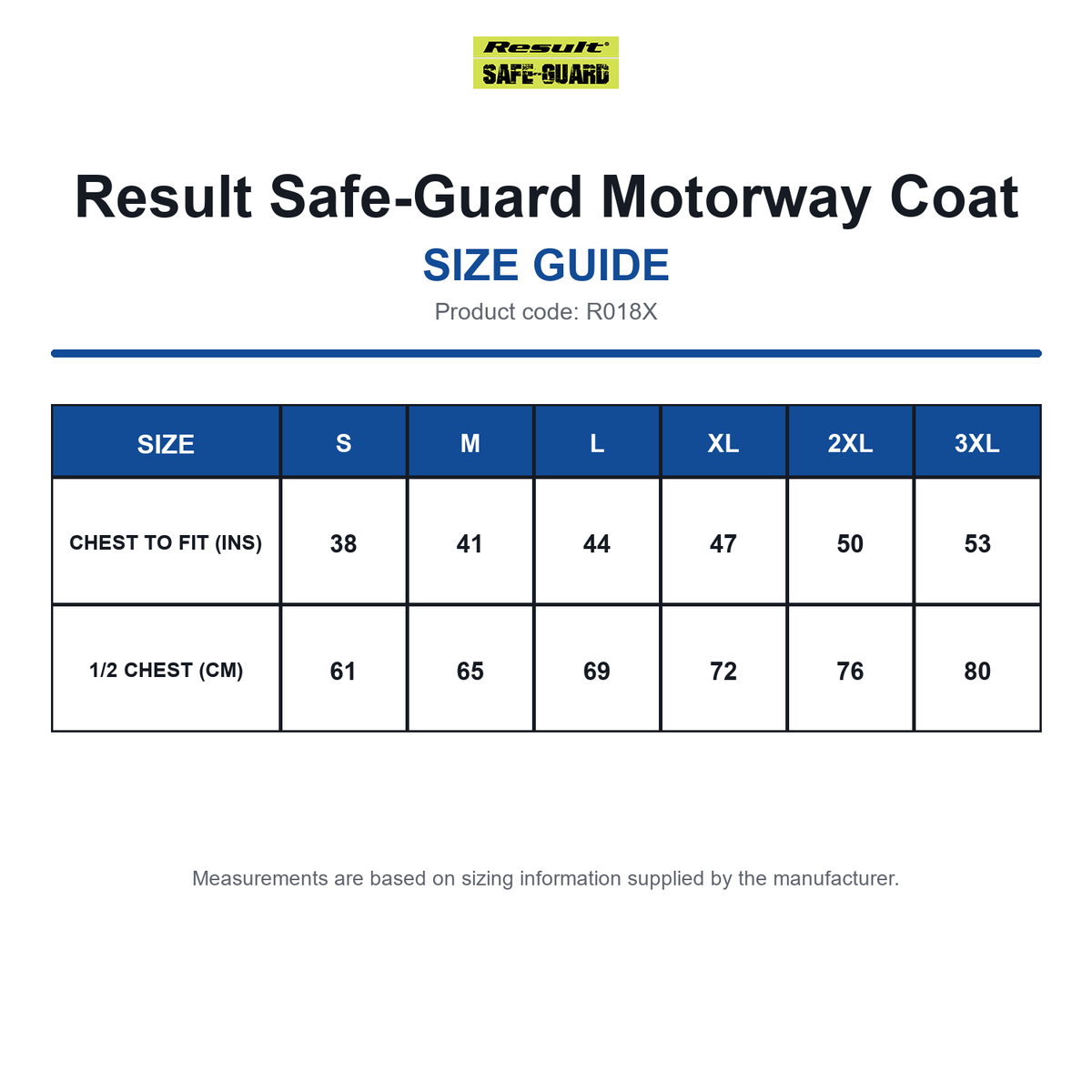 R018X Result Safe-Guard Motorway Coat size guide (R018X)