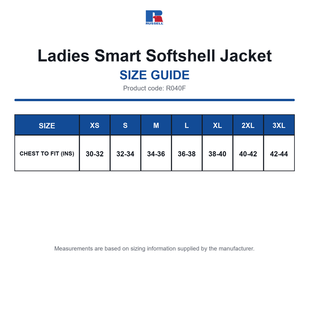 R040F Russell Ladies Smart Softshell Jacket size guide (R040F)