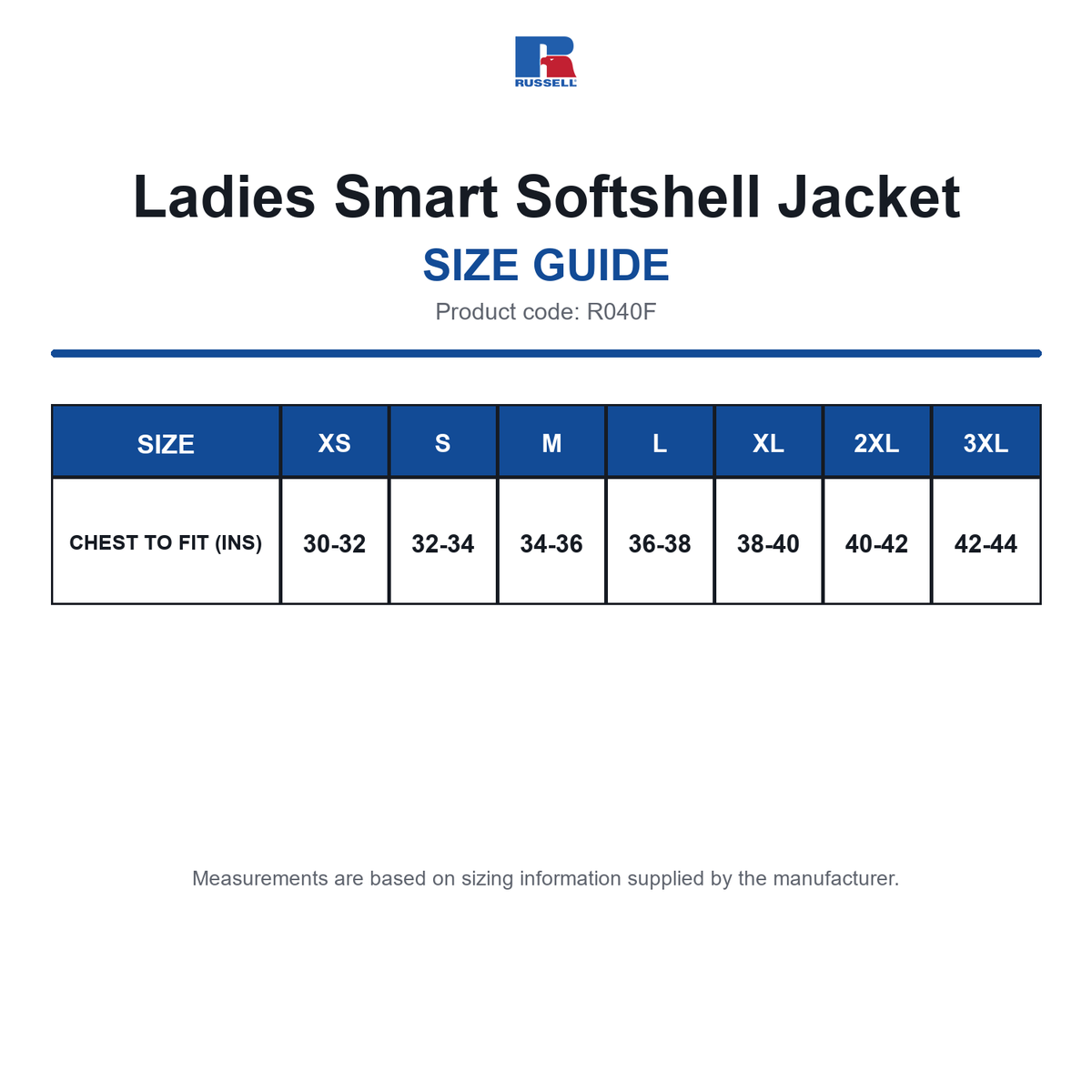 R040F Russell Ladies Smart Softshell Jacket size guide (R040F)