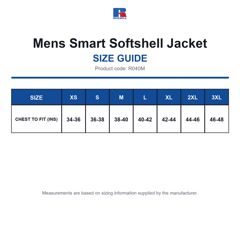 R040M Russell Mens Smart Softshell Jacket size guide (R040M)