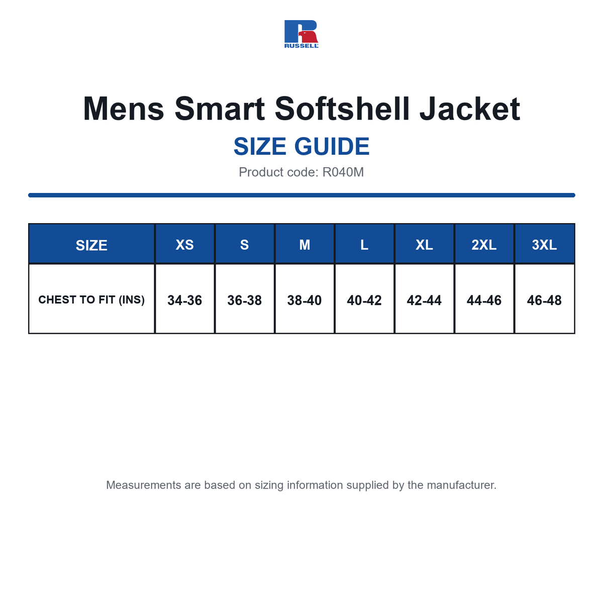 R040M Russell Mens Smart Softshell Jacket size guide (R040M)