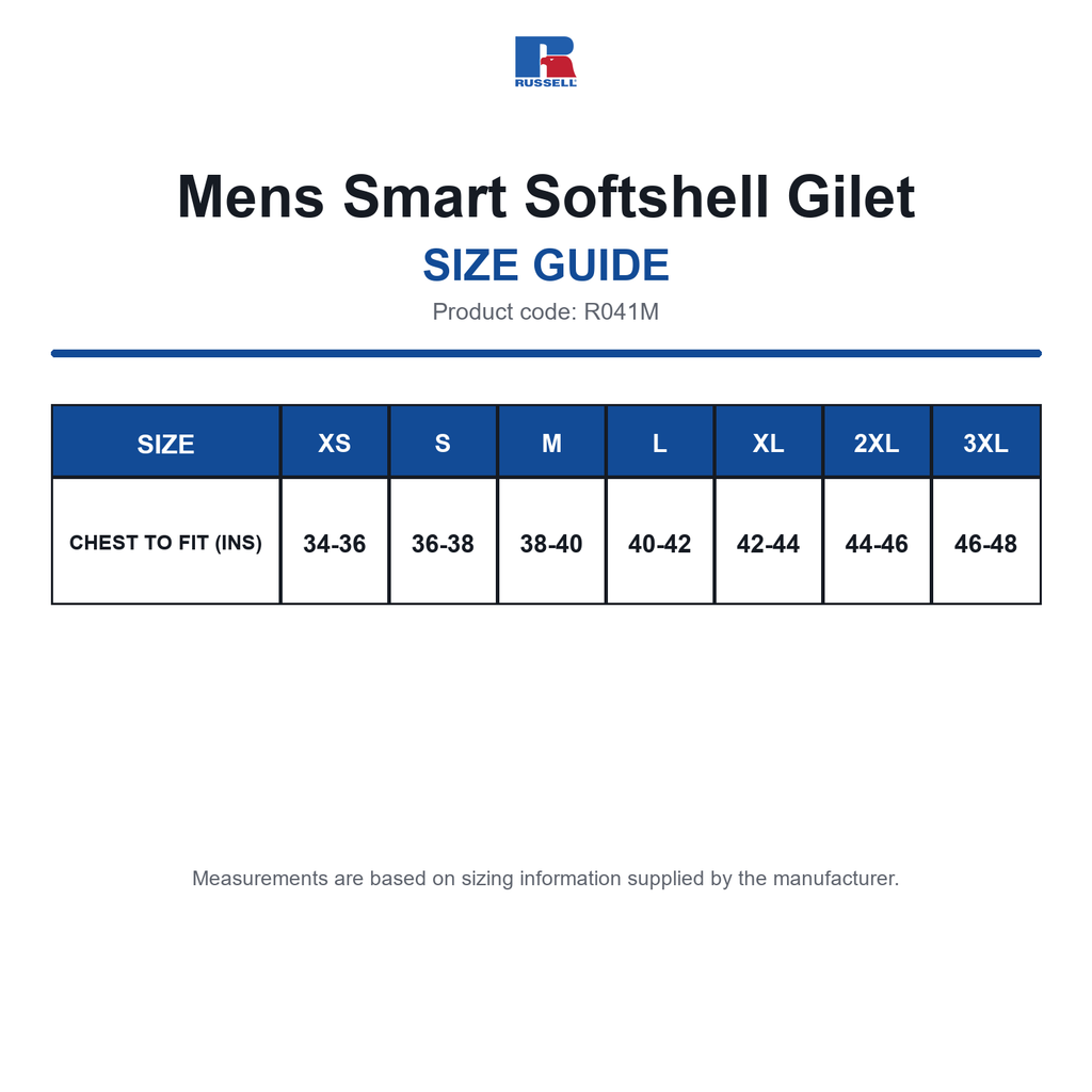 R041M Russell Mens Smart Softshell Gilet size guide (R041M)