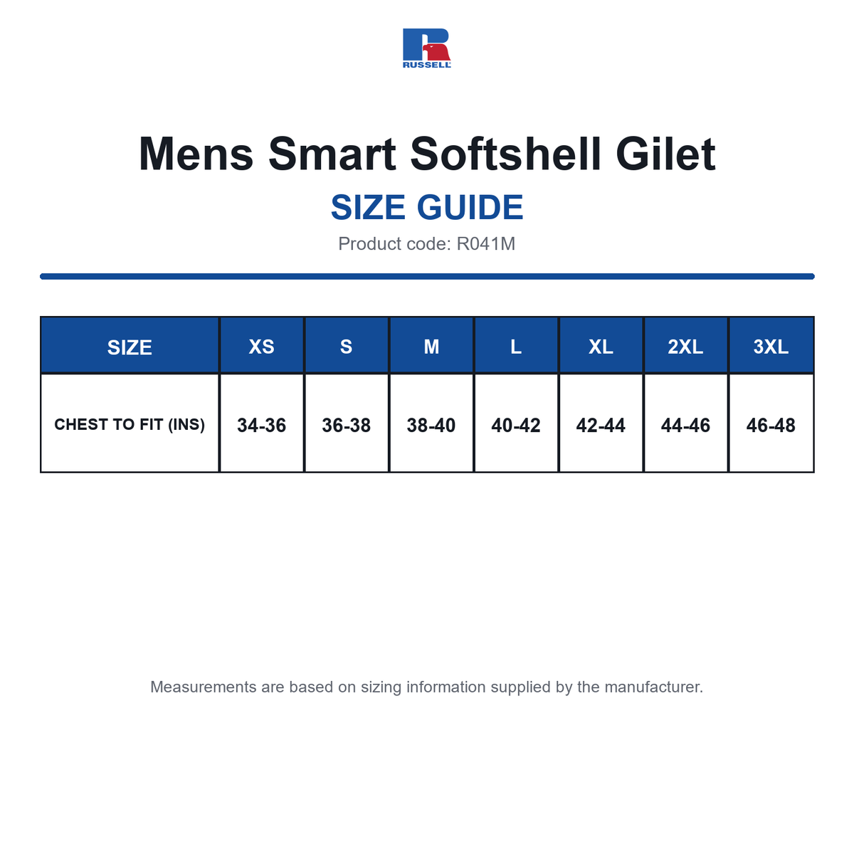 R041M Russell Mens Smart Softshell Gilet size guide (R041M)