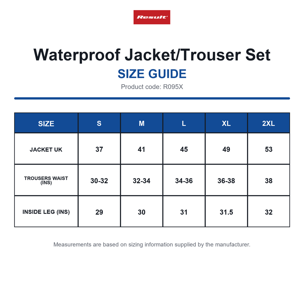 R095X Result Waterproof Jacket/Trouser Set size guide (R095X)