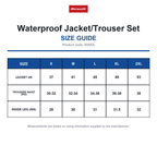 R095X Result Waterproof Jacket/Trouser Set size guide (R095X)