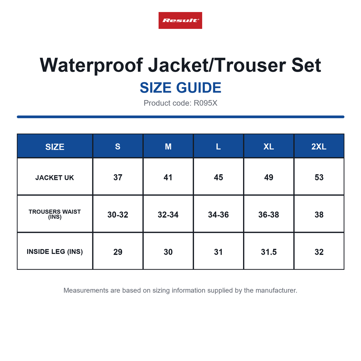 R095X Result Waterproof Jacket/Trouser Set size guide (R095X)