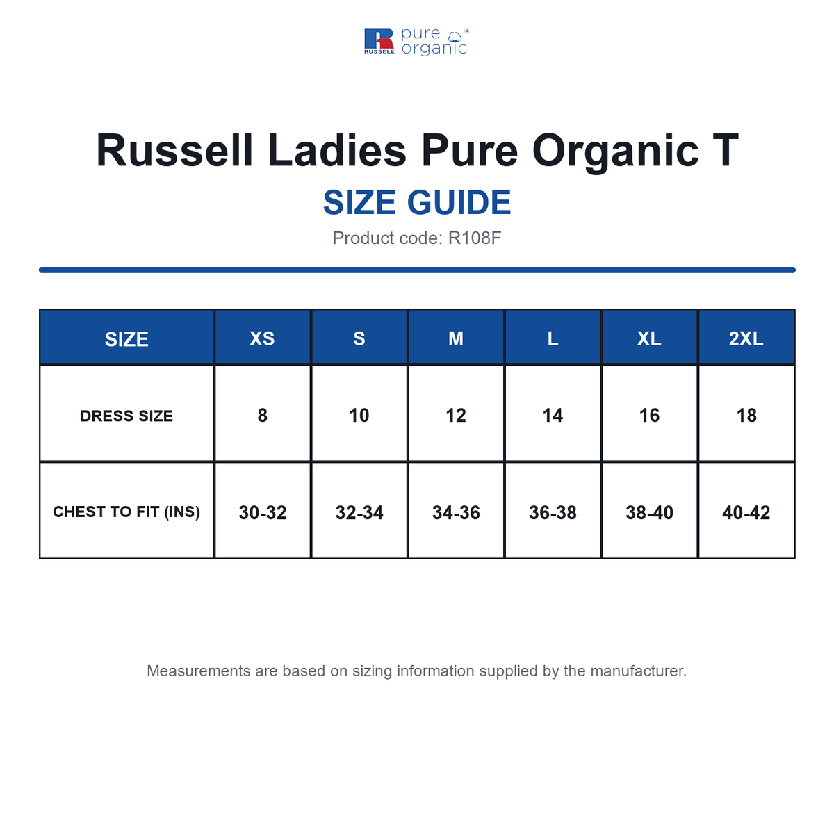 R108F Russell Ladies Pure Organic T size guide (R108F)